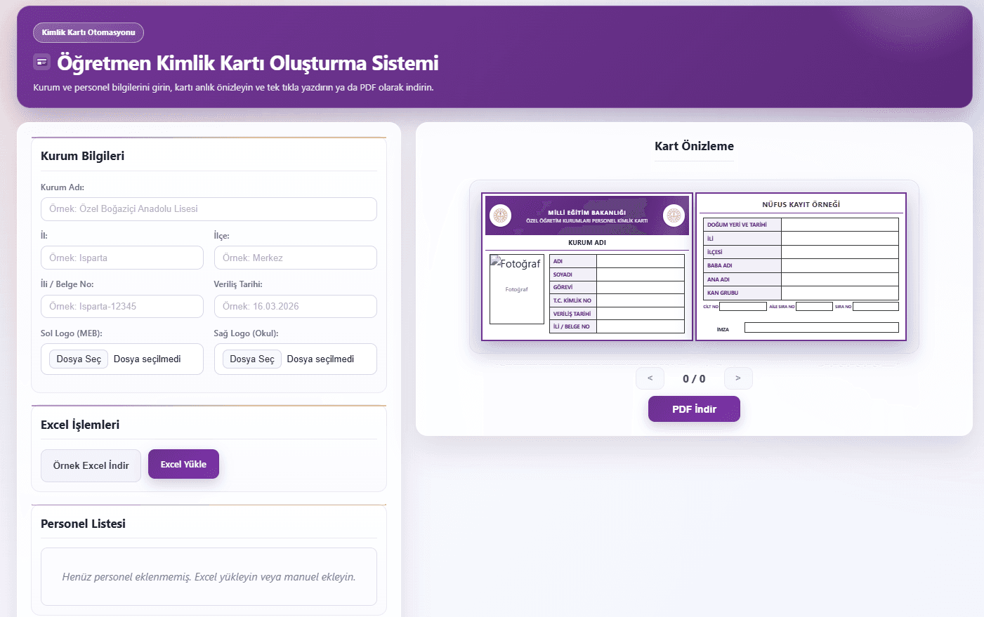 Özel Öğretim Kurumları Kimlik Kartı Oluşturma Sistemi